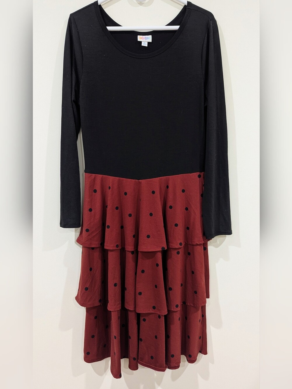 LuLaRoe Black & Burgundy Polka Dot Tiered Long-Sleeve Dress